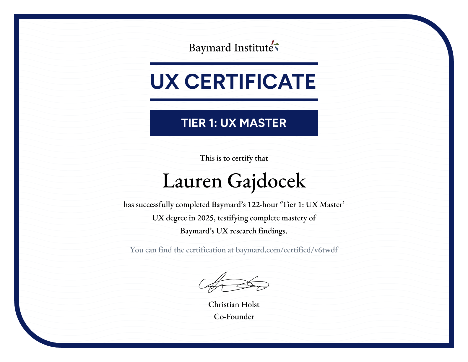 Lauren Gajdocek’s certificate